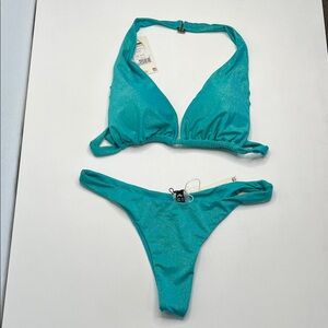 NWT Rusty Evie turquoise metallic halter and cheeky bikini set L/M